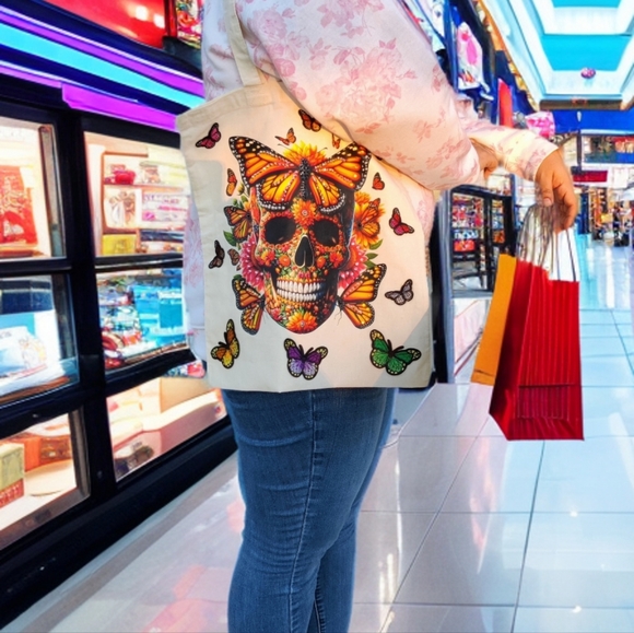 Colorful Skull and Floral Tote Bag - Picture 14 of 15